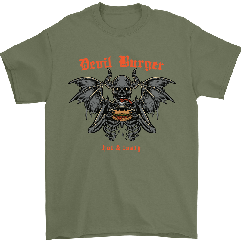 Devil Burger Demon Satan Grim Reaper BBQ Mens T-Shirt Cotton Gildan Military Green