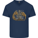 Devil Dragon Skeleton Fantasy Skull Demon Mens V-Neck Cotton T-Shirt Navy Blue