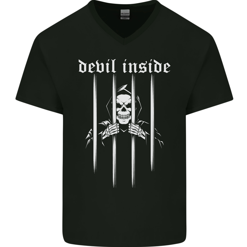 Devil Inside Grim Reaper Satan Skull Gothic Mens V-Neck Cotton T-Shirt Black