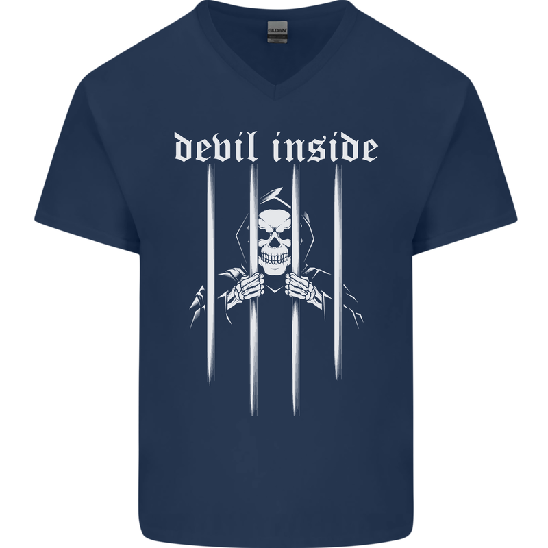 Devil Inside Grim Reaper Satan Skull Gothic Mens V-Neck Cotton T-Shirt Navy Blue