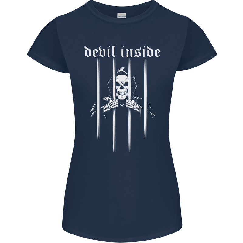 Devil Inside Grim Reaper Satan Skull Gothic Womens Petite Cut T-Shirt Navy Blue