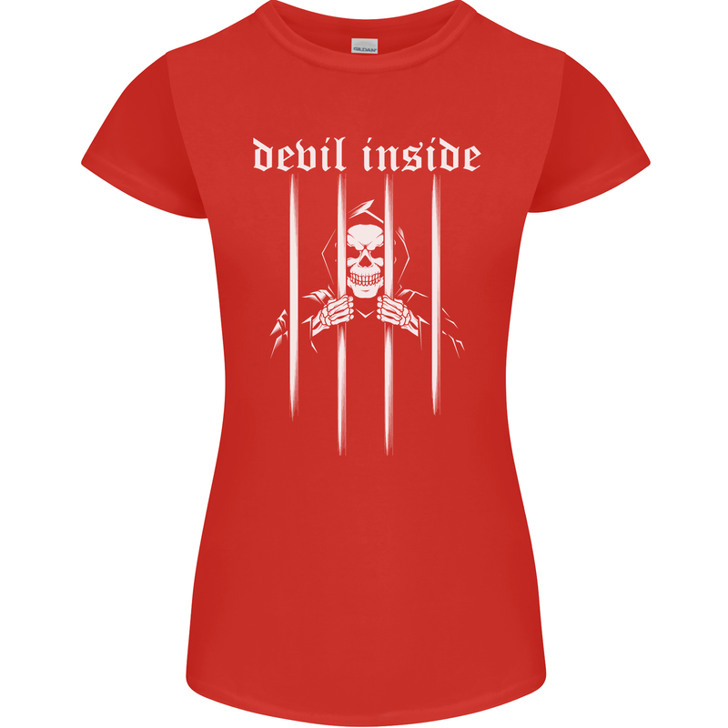 Devil Inside Grim Reaper Satan Skull Gothic Womens Petite Cut T-Shirt Red