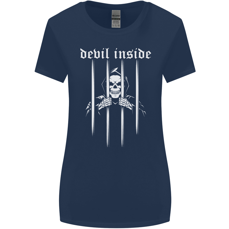 Devil Inside Grim Reaper Satan Skull Gothic Womens Wider Cut T-Shirt Navy Blue