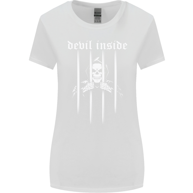 Devil Inside Grim Reaper Satan Skull Gothic Womens Wider Cut T-Shirt White