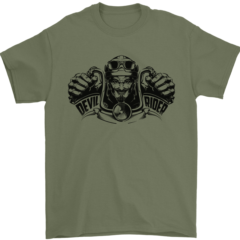 Devil Rider Motorcycle Motorbike Biker Mens T-Shirt Cotton Gildan Military Green