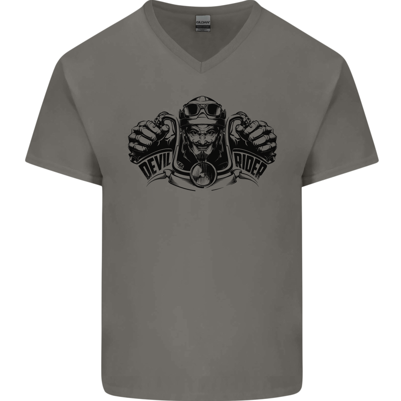 Devil Rider Motorcycle Motorbike Biker Mens V-Neck Cotton T-Shirt Charcoal
