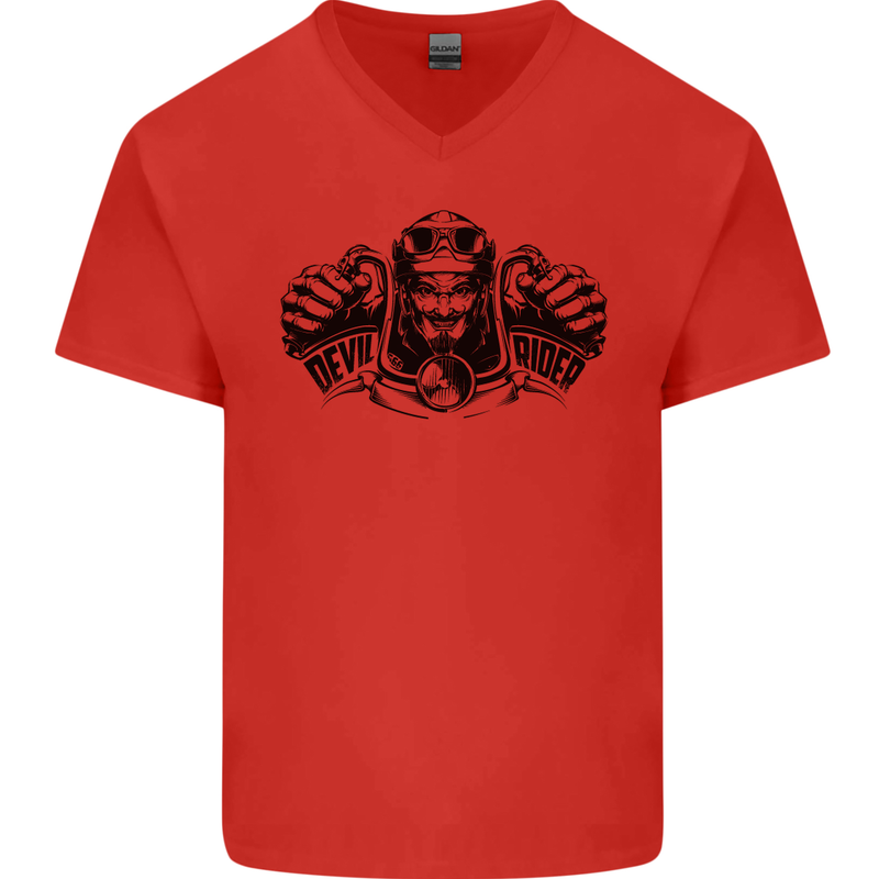 Devil Rider Motorcycle Motorbike Biker Mens V-Neck Cotton T-Shirt Red