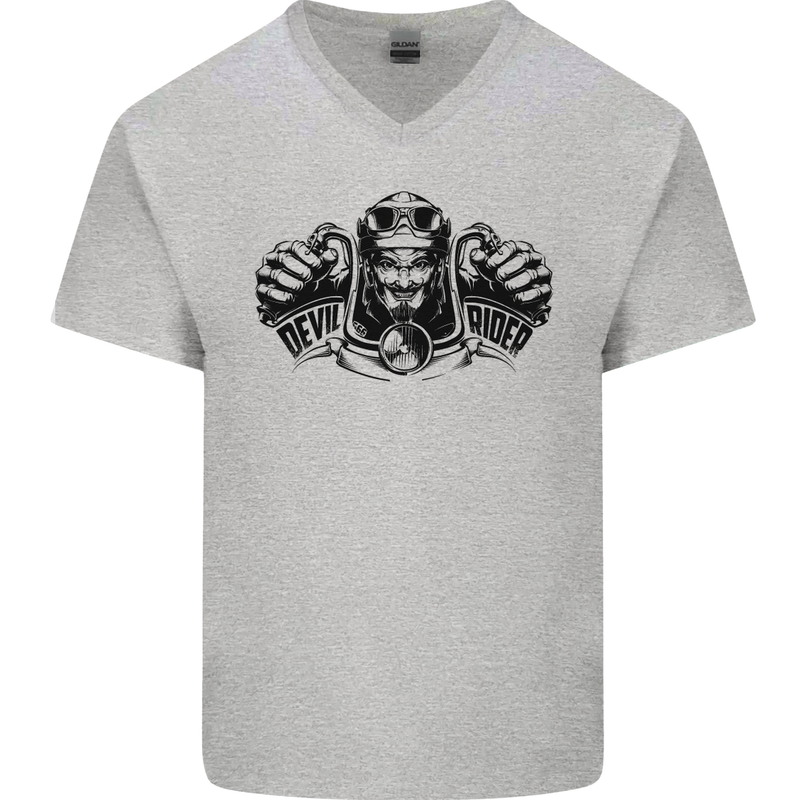 Devil Rider Motorcycle Motorbike Biker Mens V-Neck Cotton T-Shirt Sports Grey