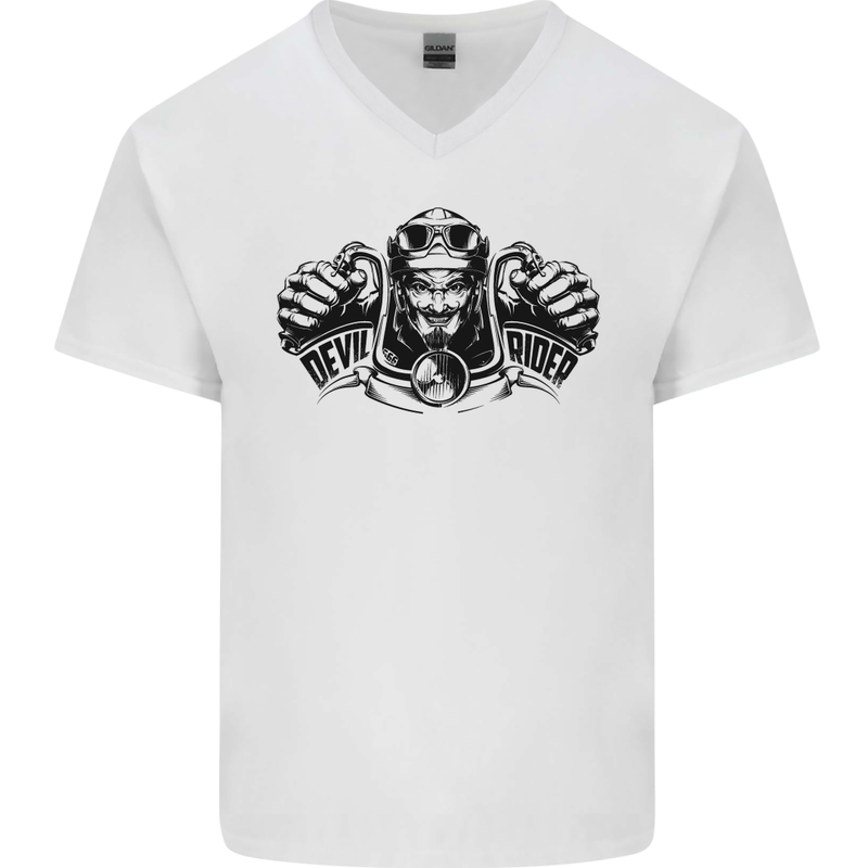Devil Rider Motorcycle Motorbike Biker Mens V-Neck Cotton T-Shirt White