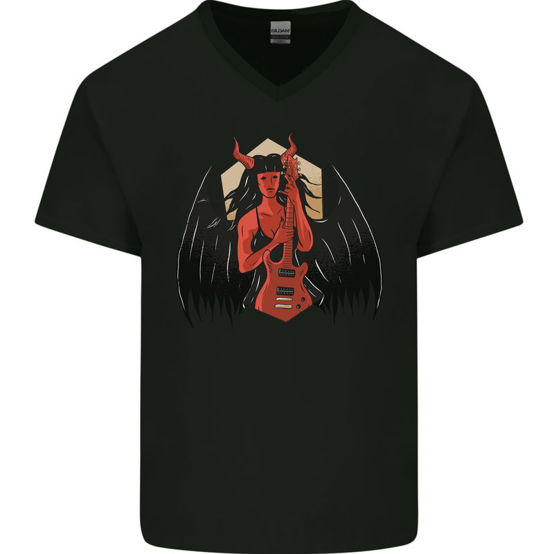 Devil Woman Guitar Death Heavy Metal Rock Mens V-Neck Cotton T-Shirt Black