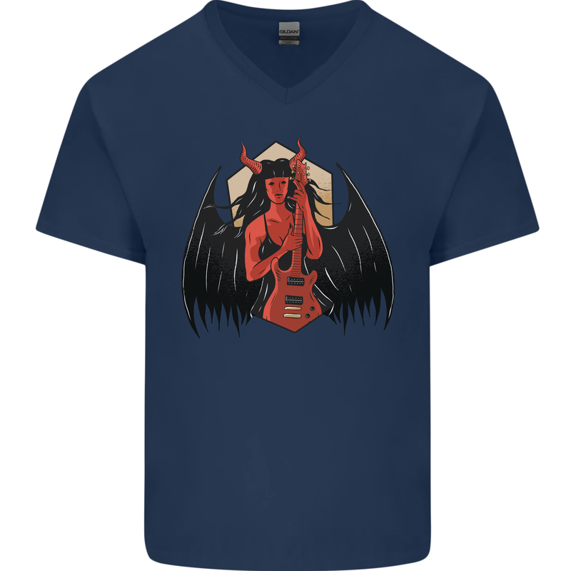 Devil Woman Guitar Death Heavy Metal Rock Mens V-Neck Cotton T-Shirt Navy Blue