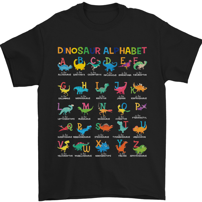 Dinosaur Alphabet T-Rex Funny Mens T-Shirt Cotton Gildan Black