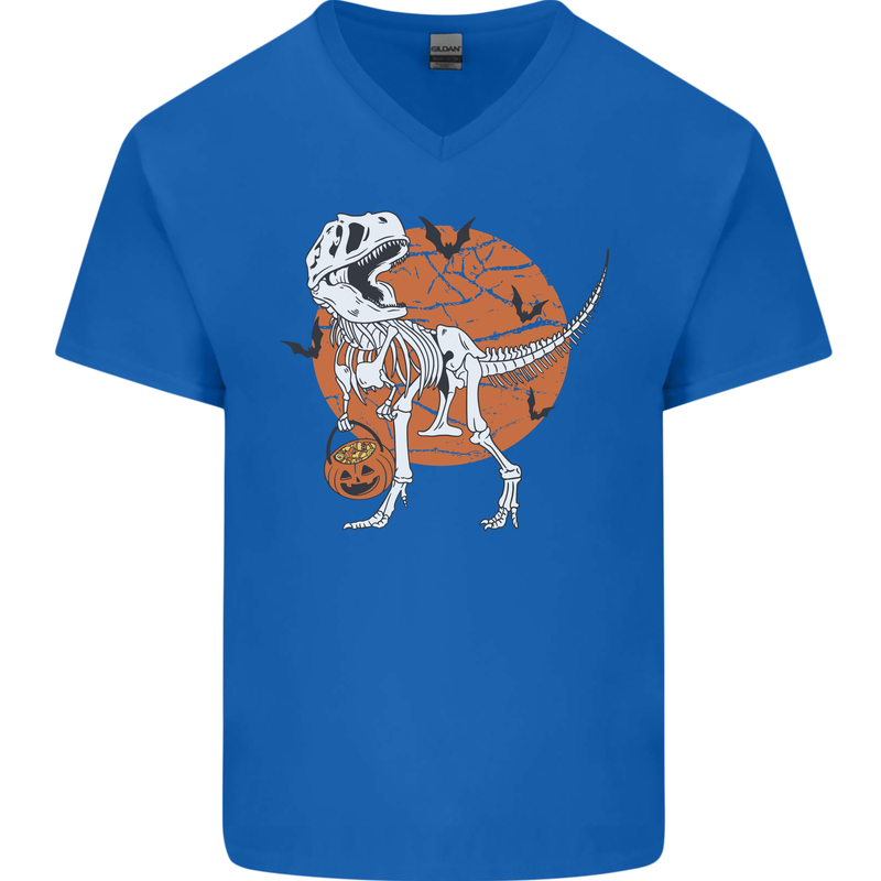 Dinosaur Halloween T-Rex Mens V-Neck Cotton T-Shirt Royal Blue