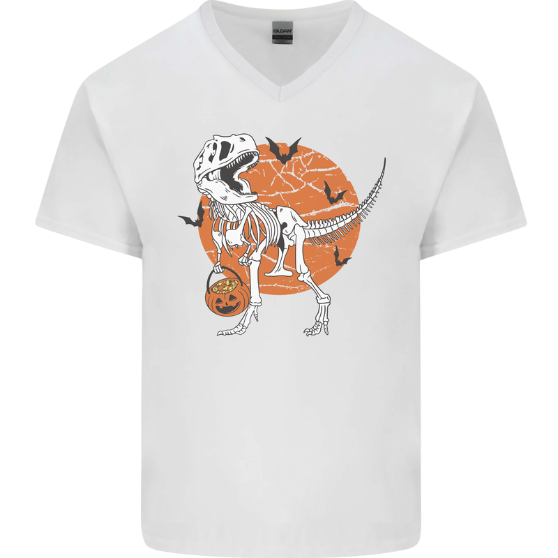 Dinosaur Halloween T-Rex Mens V-Neck Cotton T-Shirt White