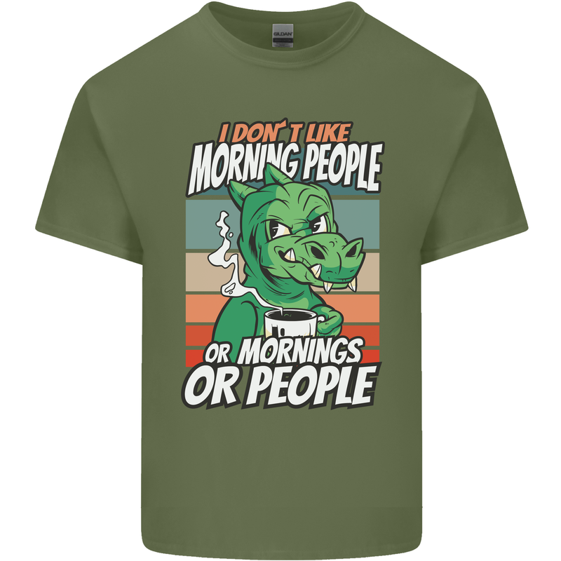Dinosaur I Don't Like Morning People Funny Mens Cotton T-Shirt Tee Top Military Green