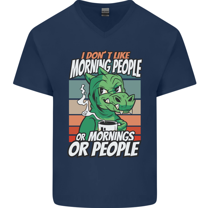 Dinosaur I Don't Like Morning People Funny Mens V-Neck Cotton T-Shirt Navy Blue