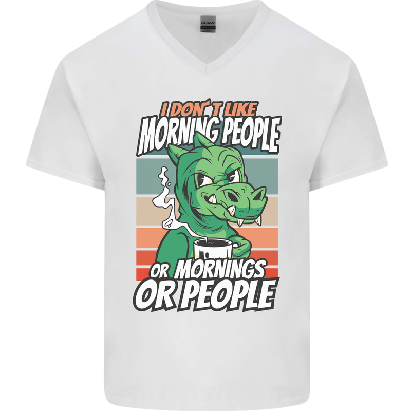 Dinosaur I Don't Like Morning People Funny Mens V-Neck Cotton T-Shirt White