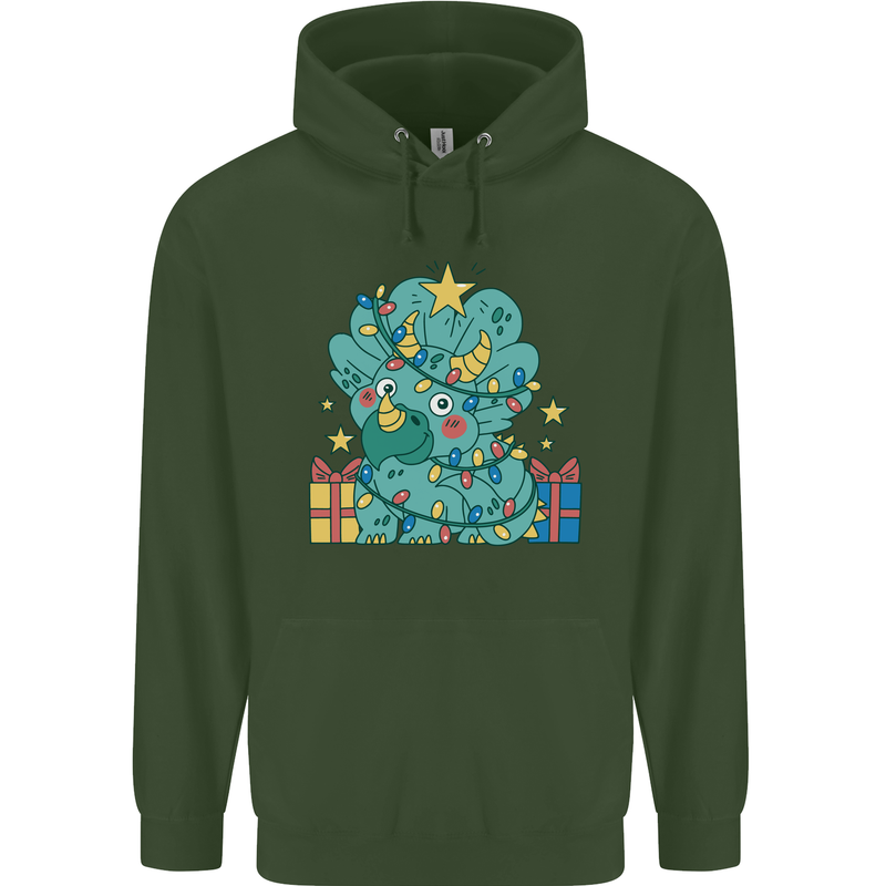 Dinosaur Triceratops Funny Christmas Tree Childrens Kids Hoodie Forest Green