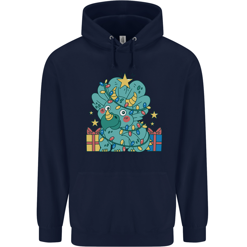 Dinosaur Triceratops Funny Christmas Tree Childrens Kids Hoodie Navy Blue
