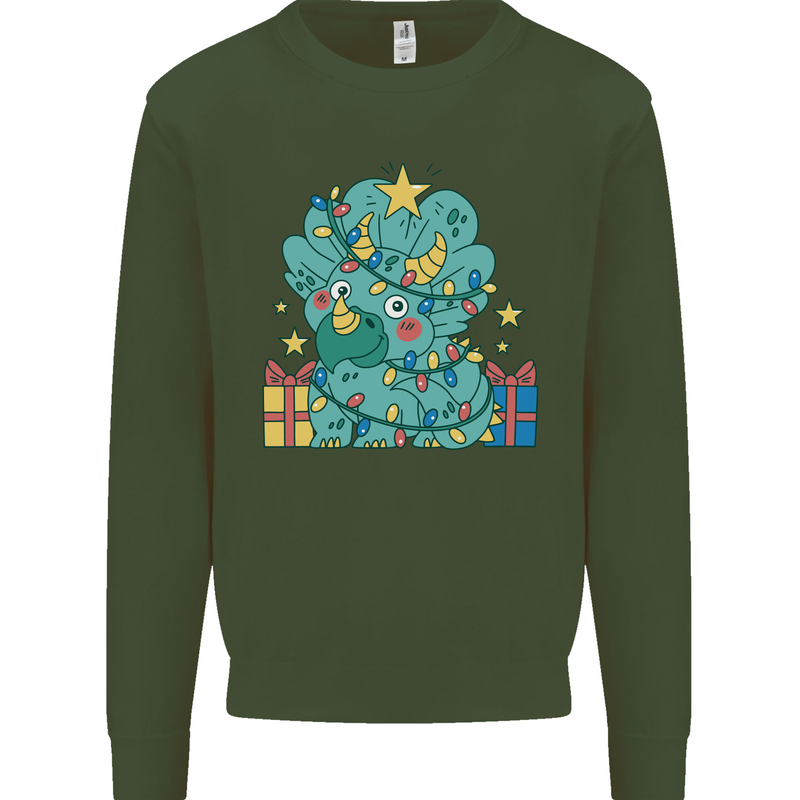 Dinosaur Triceratops Funny Christmas Tree Kids Sweatshirt Jumper Forest Green