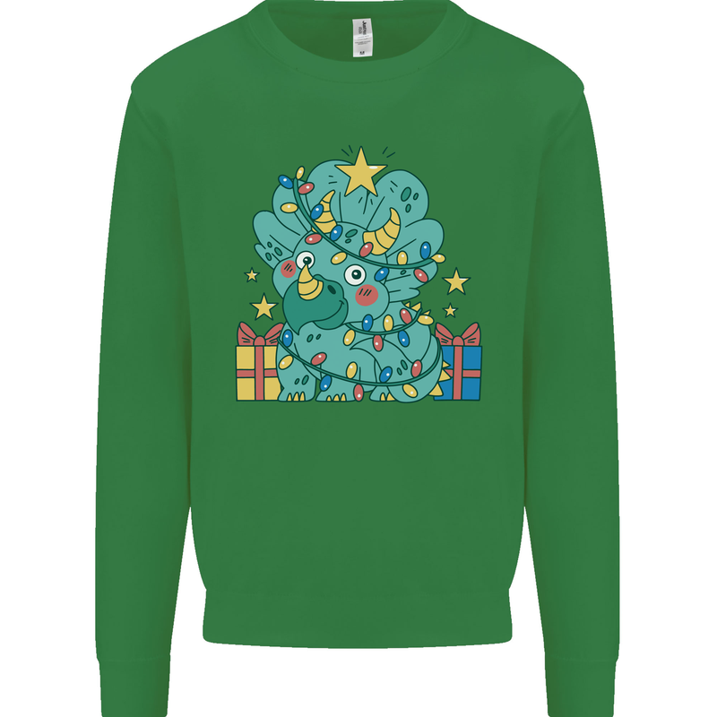 Dinosaur Triceratops Funny Christmas Tree Kids Sweatshirt Jumper Irish Green