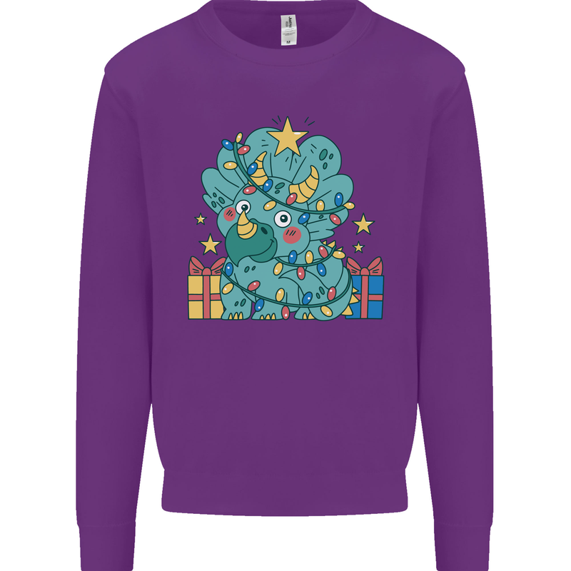 Dinosaur Triceratops Funny Christmas Tree Kids Sweatshirt Jumper Purple