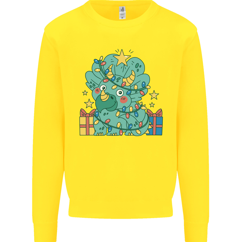 Dinosaur Triceratops Funny Christmas Tree Kids Sweatshirt Jumper Yellow