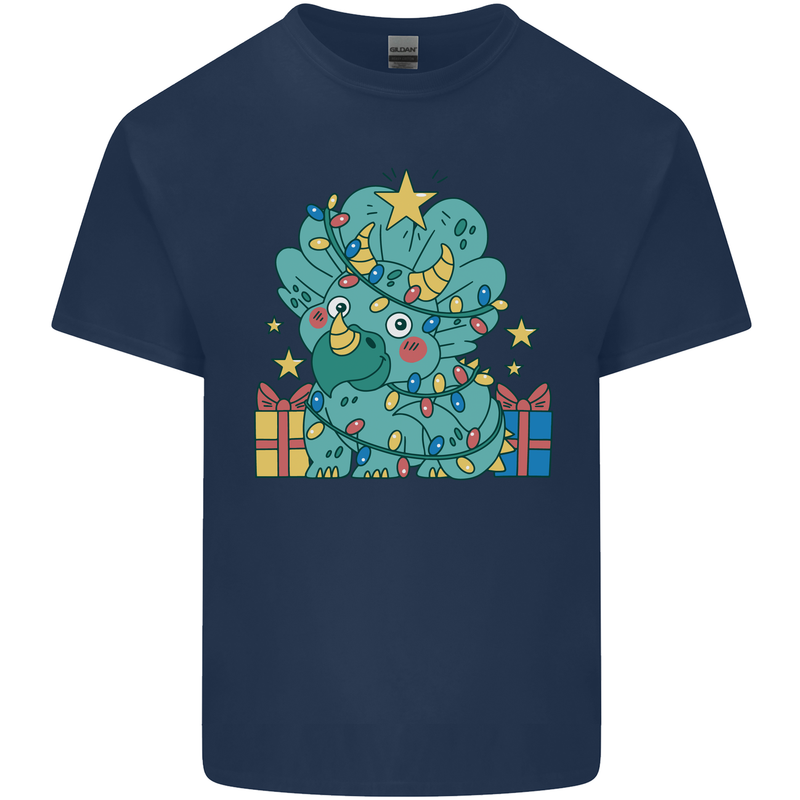 Dinosaur Triceratops Funny Christmas Tree Kids T-Shirt Childrens Navy Blue