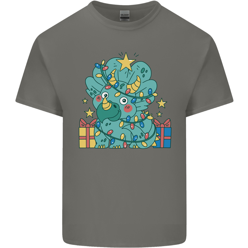 Dinosaur Triceratops Funny Christmas Tree Mens Cotton T-Shirt Tee Top Charcoal
