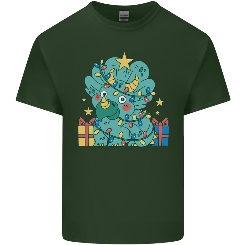 Dinosaur Triceratops Funny Christmas Tree Mens Cotton T-Shirt Tee Top Forest Green