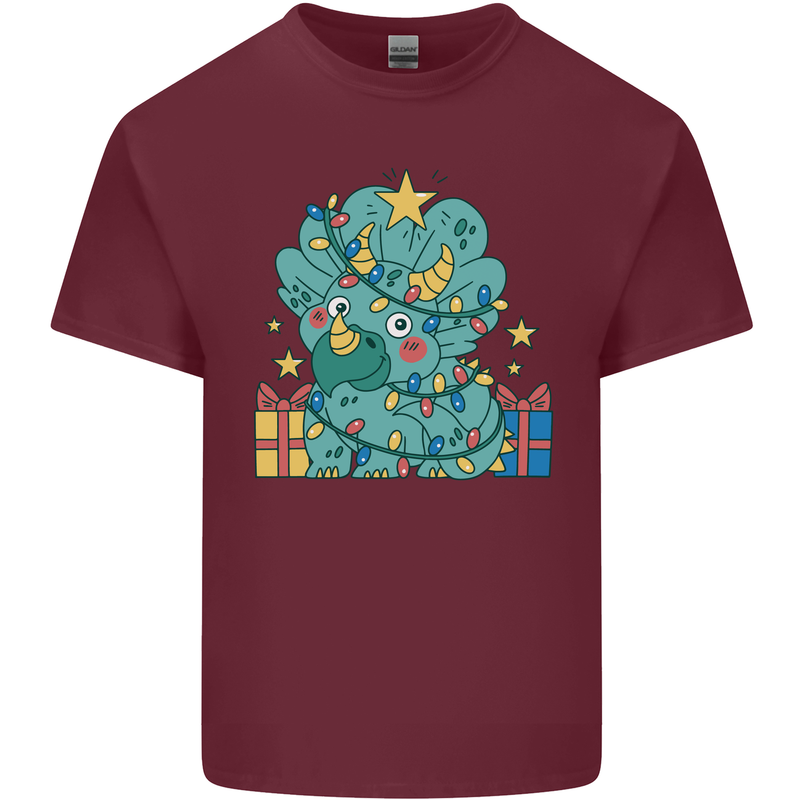 Dinosaur Triceratops Funny Christmas Tree Mens Cotton T-Shirt Tee Top Maroon