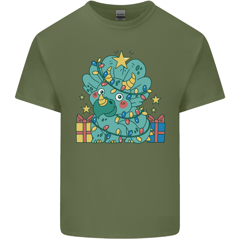 Dinosaur Triceratops Funny Christmas Tree Mens Cotton T-Shirt Tee Top Military Green