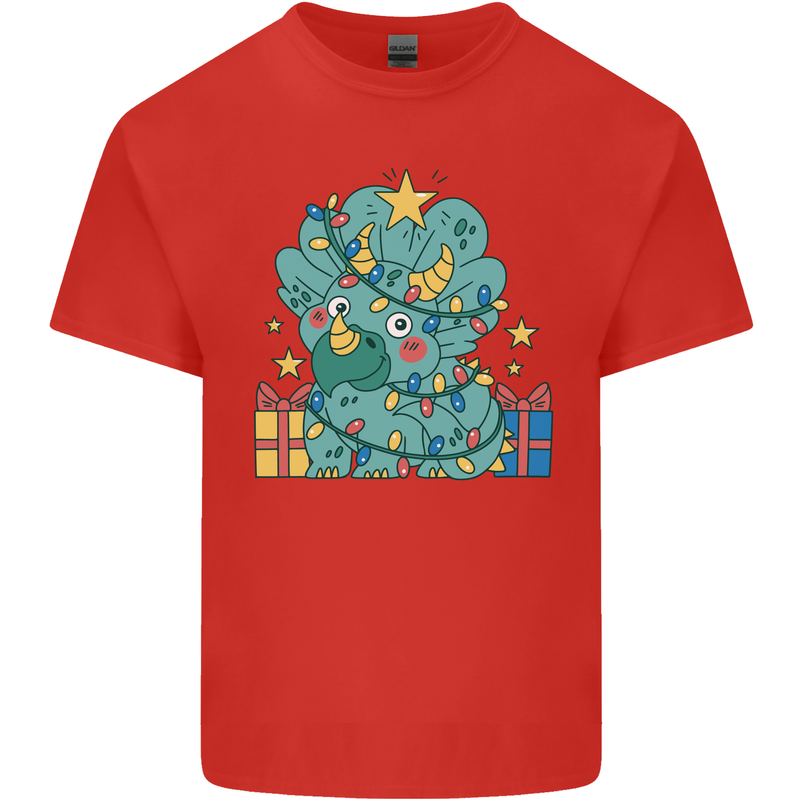 Dinosaur Triceratops Funny Christmas Tree Mens Cotton T-Shirt Tee Top Red