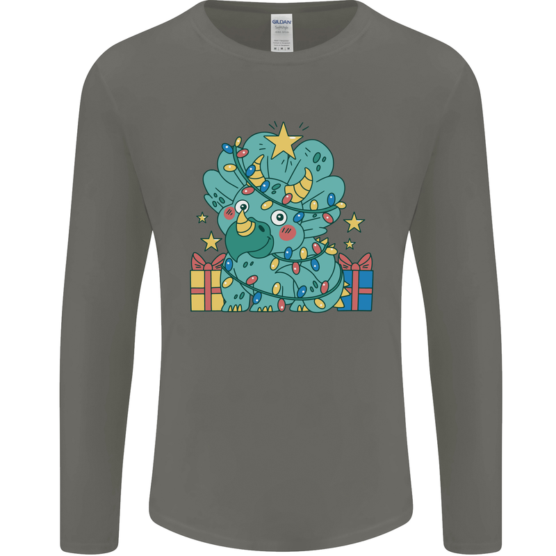 Dinosaur Triceratops Funny Christmas Tree Mens Long Sleeve T-Shirt Charcoal