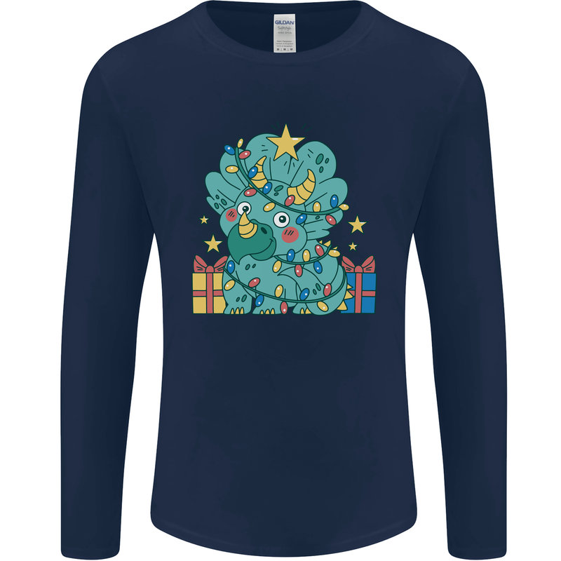 Dinosaur Triceratops Funny Christmas Tree Mens Long Sleeve T-Shirt Navy Blue