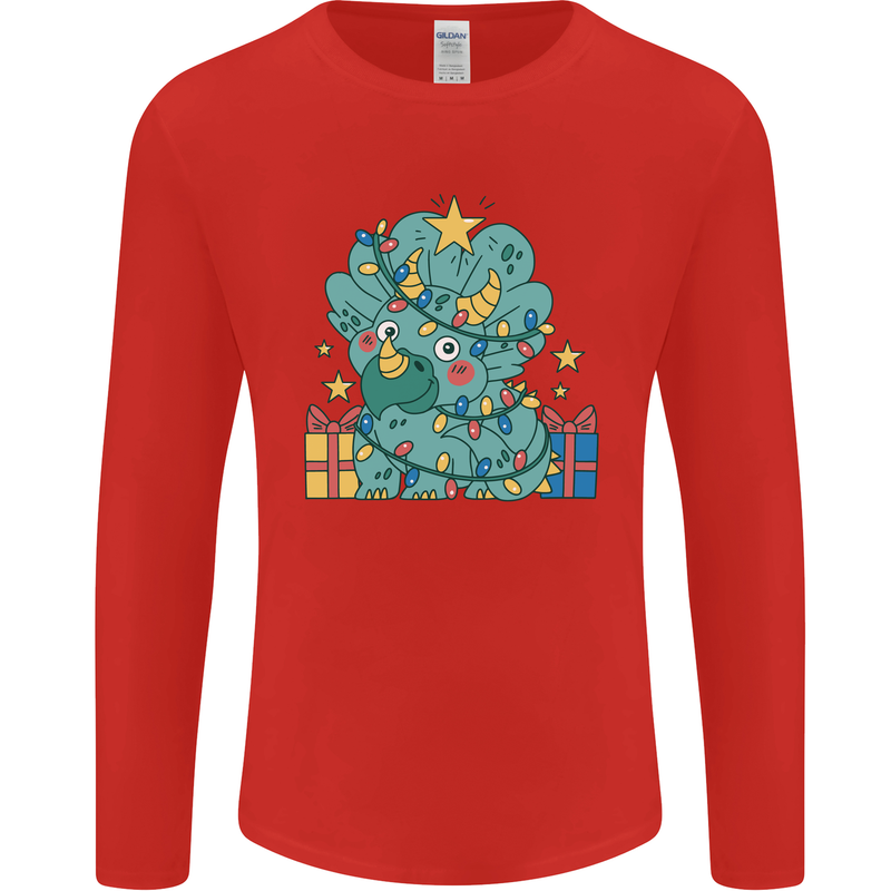 Dinosaur Triceratops Funny Christmas Tree Mens Long Sleeve T-Shirt Red