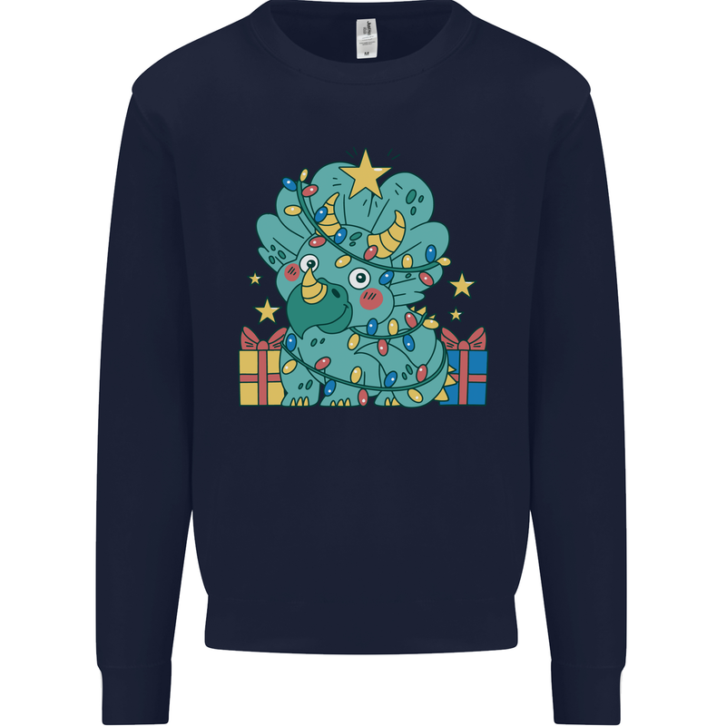 Dinosaur Triceratops Funny Christmas Tree Mens Sweatshirt Jumper Navy Blue
