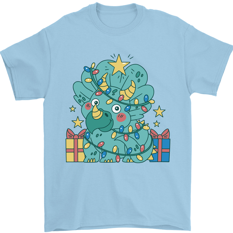 Dinosaur Triceratops Funny Christmas Tree Mens T-Shirt 100% Cotton Light Blue