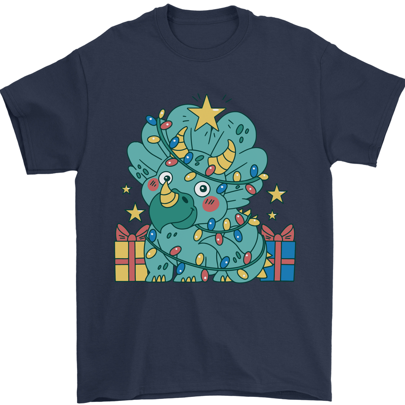 Dinosaur Triceratops Funny Christmas Tree Mens T-Shirt 100% Cotton Navy Blue