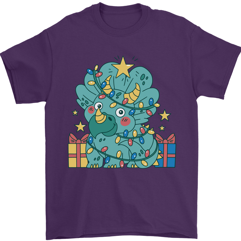 Dinosaur Triceratops Funny Christmas Tree Mens T-Shirt 100% Cotton Purple
