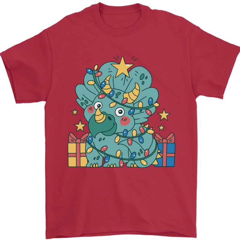 Dinosaur Triceratops Funny Christmas Tree Mens T-Shirt 100% Cotton Red