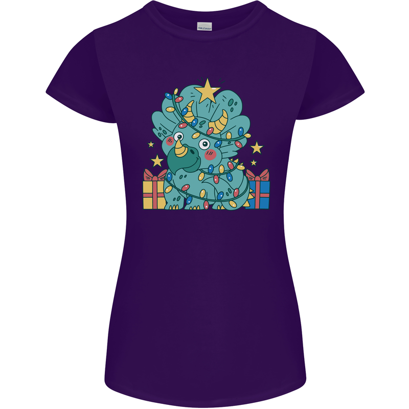 Dinosaur Triceratops Funny Christmas Tree Womens Petite Cut T-Shirt Purple