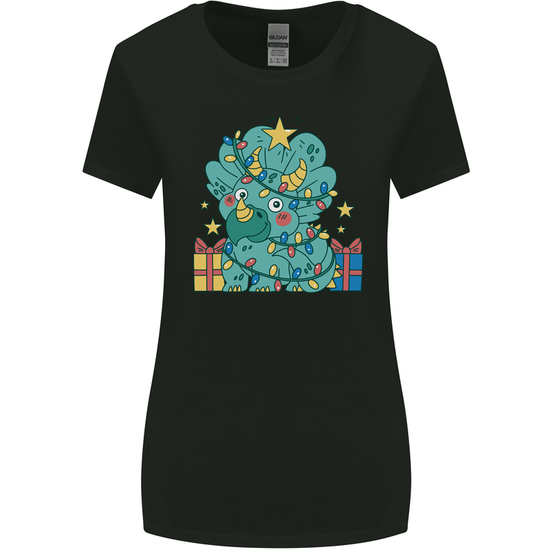 Dinosaur Triceratops Funny Christmas Tree Womens Wider Cut T-Shirt Black