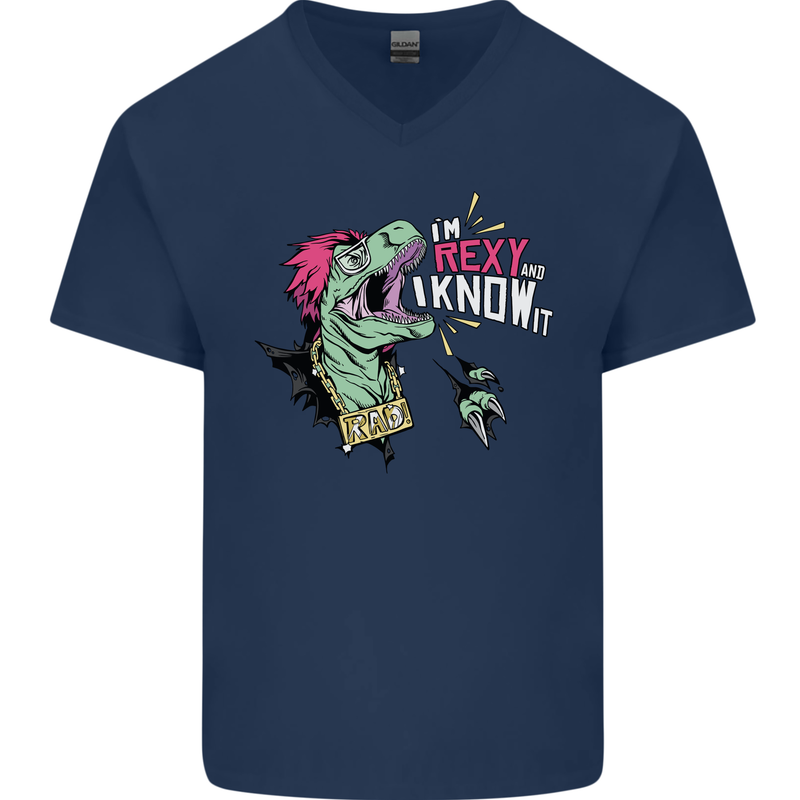 Dinosaurs T-Rex I'm Rexy and I Know It Sexy Mens V-Neck Cotton T-Shirt Navy Blue