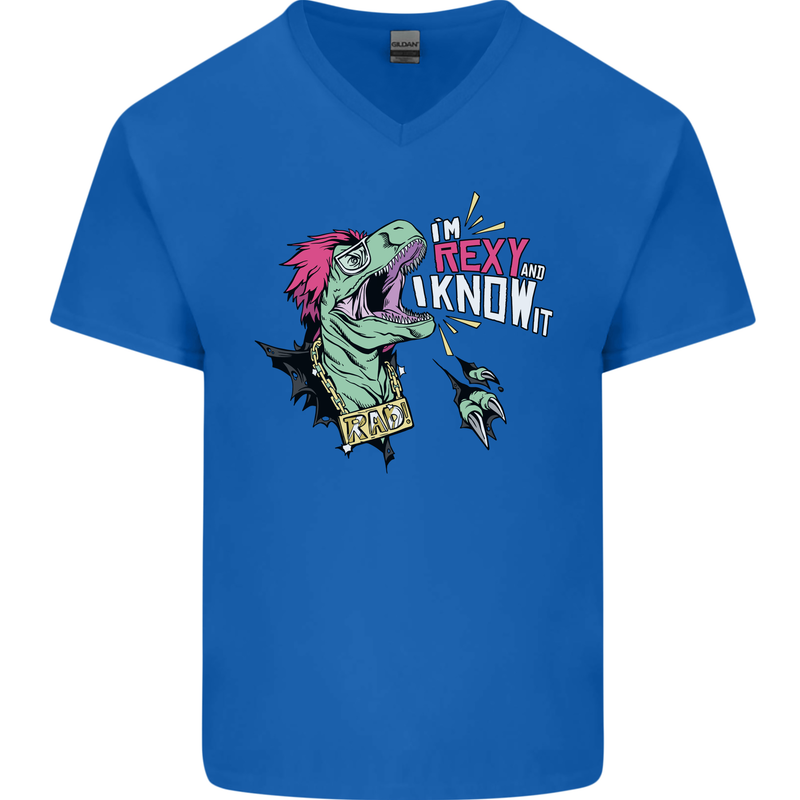 Dinosaurs T-Rex I'm Rexy and I Know It Sexy Mens V-Neck Cotton T-Shirt Royal Blue