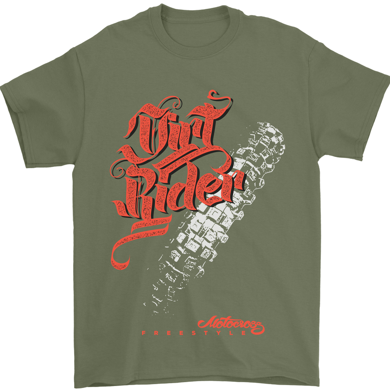 Dirt Rider Motocross MotoX Bike Motosports Mens T-Shirt Cotton Gildan Military Green