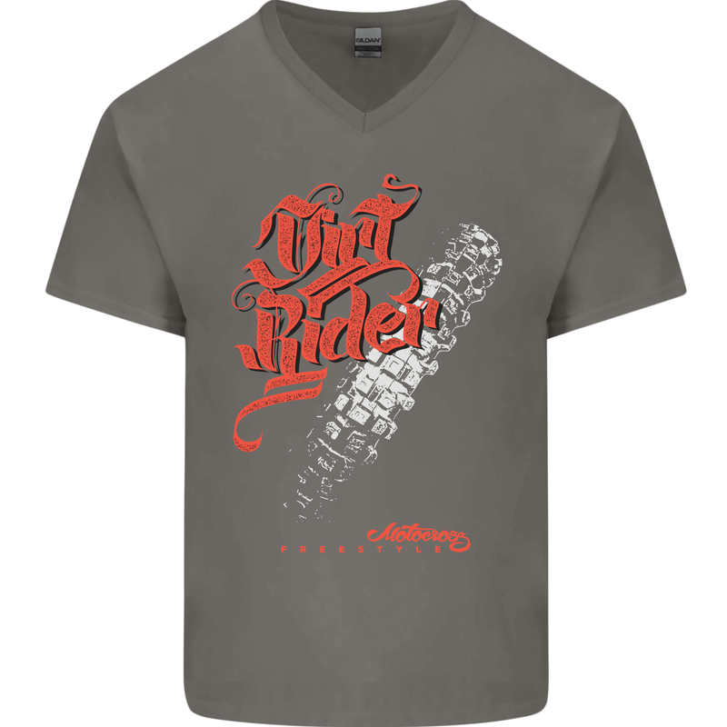 Dirt Rider Motocross MotoX Bike Motosports Mens V-Neck Cotton T-Shirt Charcoal