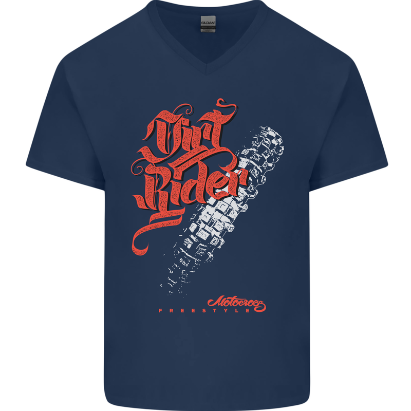 Dirt Rider Motocross MotoX Bike Motosports Mens V-Neck Cotton T-Shirt Navy Blue