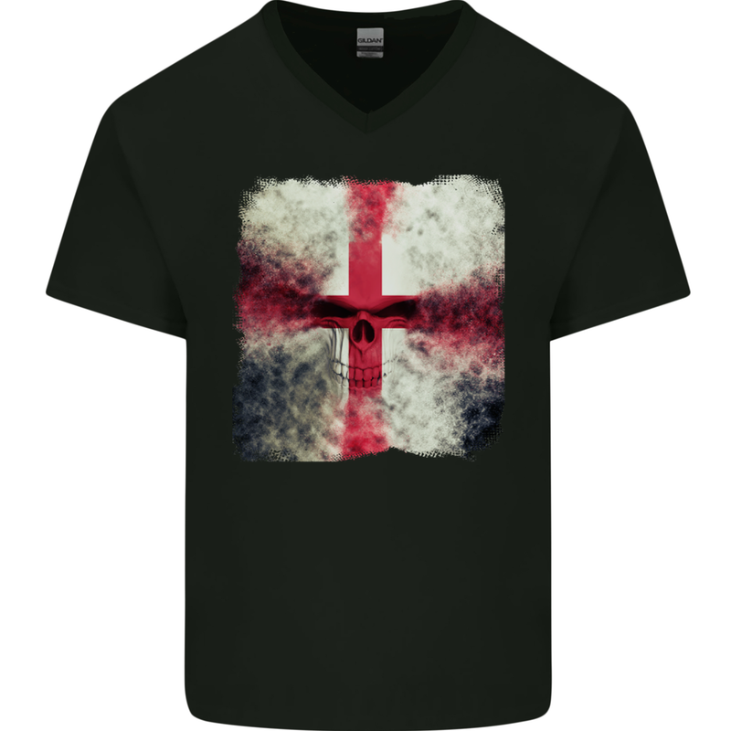 Dissolving England Flag St. George's Skull Mens V-Neck Cotton T-Shirt Black
