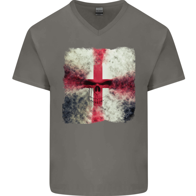 Dissolving England Flag St. George's Skull Mens V-Neck Cotton T-Shirt Charcoal